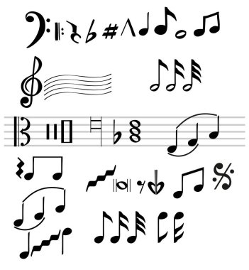 Müzikal notalar, soyut müzik melodisi işaretleri beyaz arkaplanda izole edilmiş.