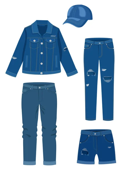 Des vêtements de jeans. Mode à la mode déchiré denim vêtements décontractés vecteur illustration, Veste en denim, chemise, casquette — Image vectorielle