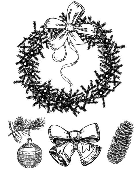 圣诞图标手绘素描集。孤立的复古假期对象 — 图库矢量图片
