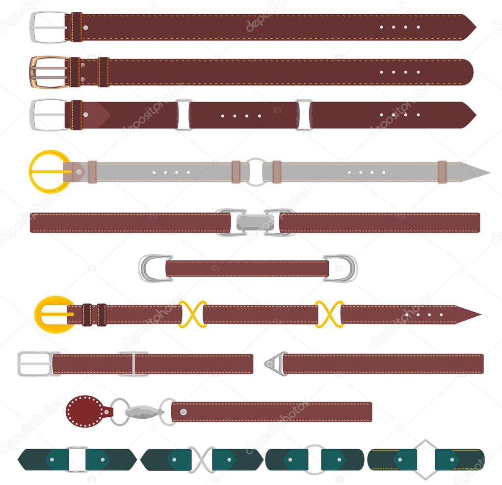 Leather belts. Leather belt with metal steel buckle vector set