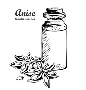 Anason yıldızı esaslı yağ şişesi. Baharatlar. Etiket ve ambalaj için harika.