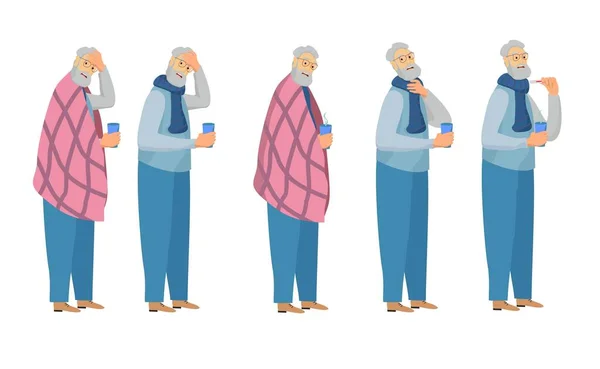 Sick man set. Cold man with a thermometer, drinking hot tea — 스톡 벡터