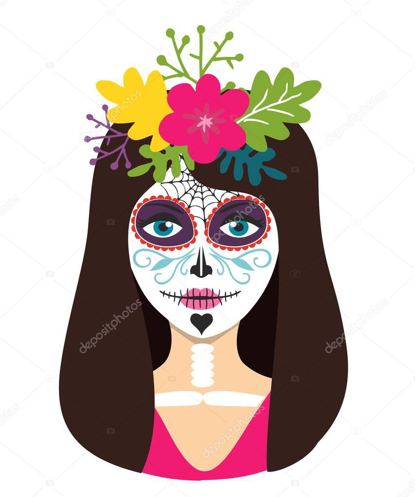 Day of the dead girl vector illustration. Dead skull female face Woman