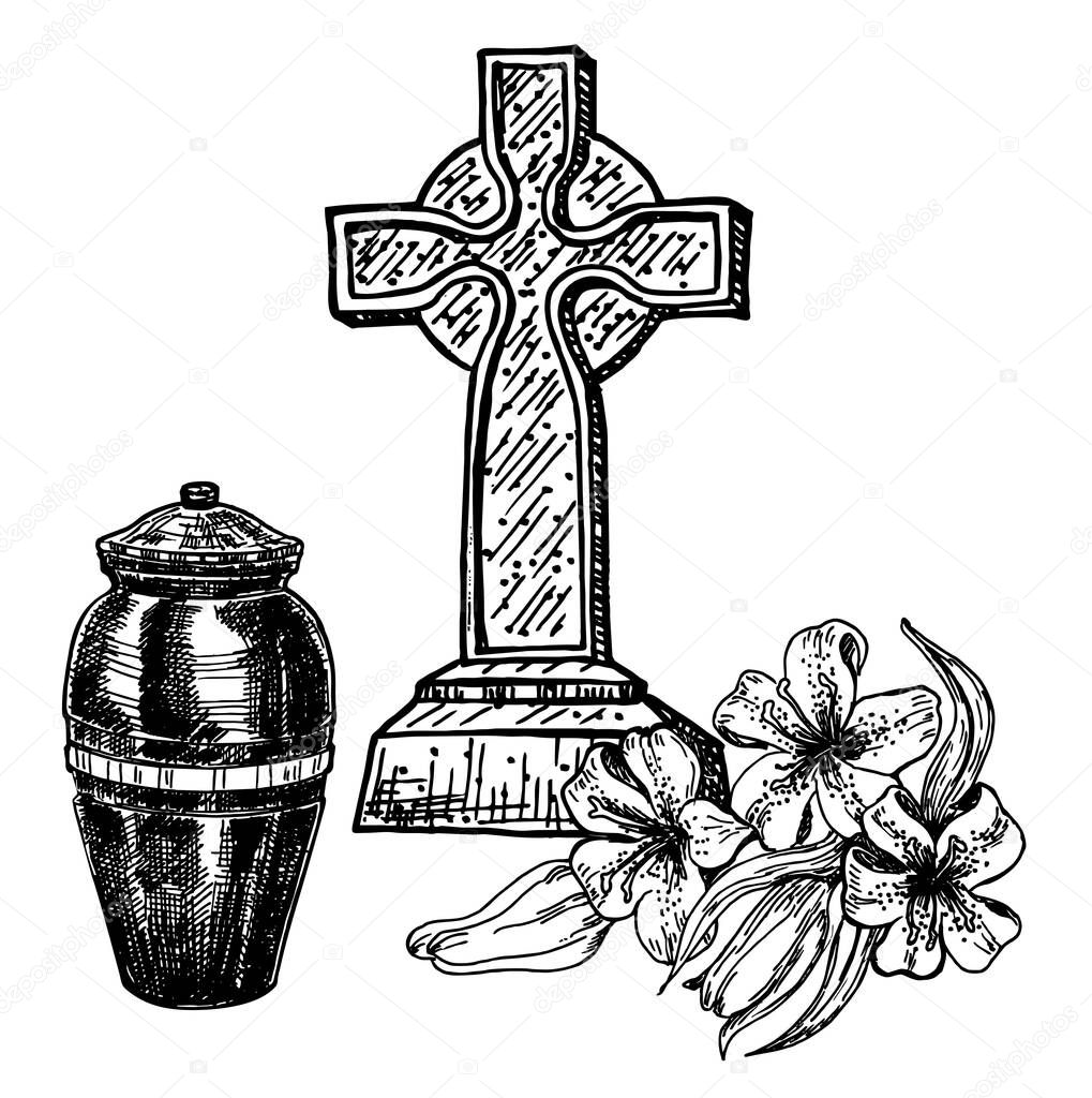 Urn for ashes, flowers, gravestone and white lilies. Sketch illustration columbarium and cemetery