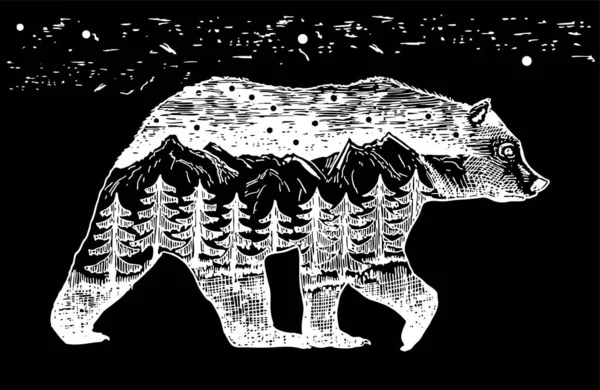 Μια αρκούδα και η φύση μέσα. Νυχτερινό τοπίο της λίμνης φεγγάρι, βουνά και έλατα. — Διανυσματικό Αρχείο