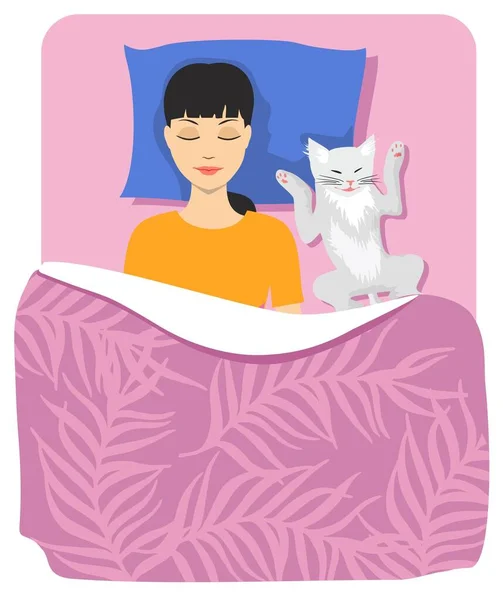 Mujer y gato están durmiendo en la cama. Ilustración a color vectorial — Archivo Imágenes Vectoriales