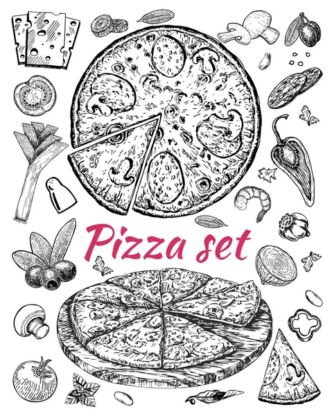 Italian pizza and ingredients frame. Italian food menu design template. — Stock Vector