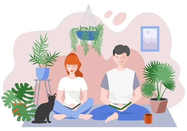 Boy, man reading book and woman reading book sitting among houseplants. — Stock Vector