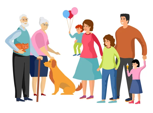 행복 한 가족 사진. 아버지와 어머니, 아들 과 딸, 조부모와 애완 동물. 큰 가족의 평평 한 삽화. — 스톡 벡터
