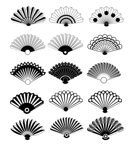 Vector chinese or japanese paper fan symbols isolated on white background. Theatrical fans. — Stock Vector