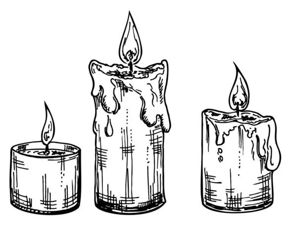 Juego de bocetos Velas. Velas ardientes, velas de cera se derriten . — Vector de stock