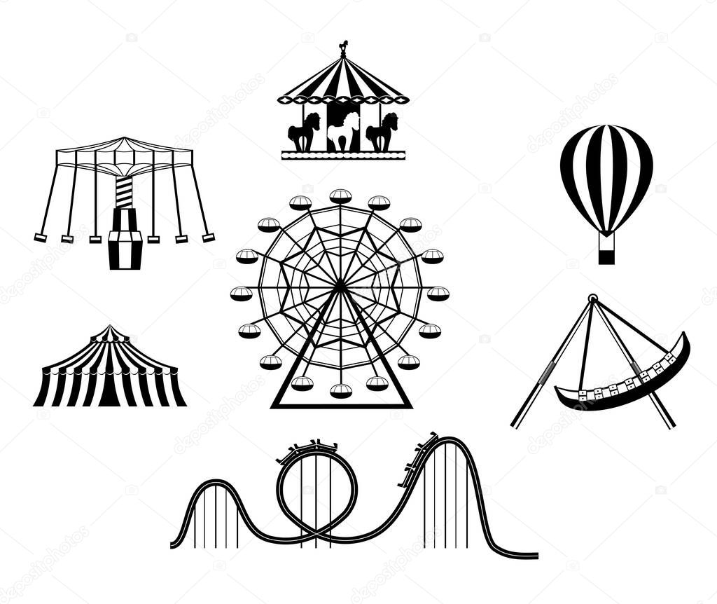 Amusement park black icons. Recreation fun attractions