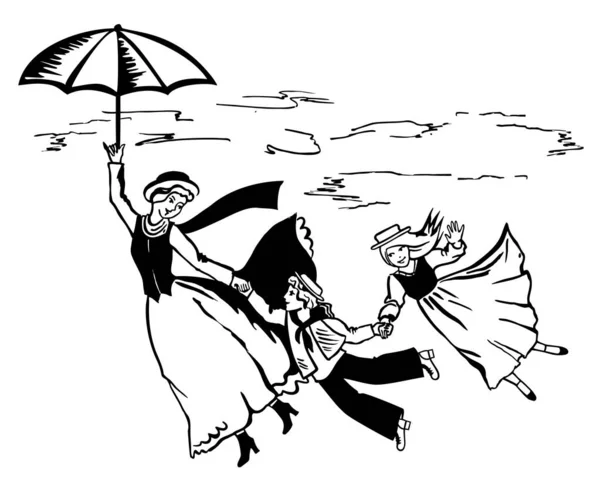 Baby sitter che sorvola la città. Mary Poppins. Donna con bambini e un ombrello . — Vettoriale Stock