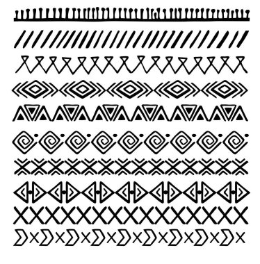 Noktaları, üçgenleri, çizgileri, kareleri olan çizgili, pürüzsüz etnik desen. Kabile doğrusal geometrik arka planı. Vektör illüstrasyonu.
