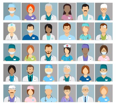 Doktorlar ve hemşireler vektör simgelerinin profilini çıkarır. Cerrah ve terapist, göz doktoru ve beslenme uzmanı avatarlar
