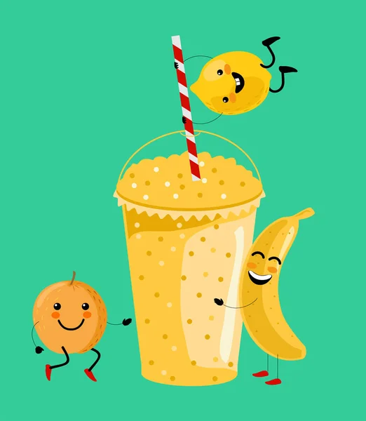 Żółty banan, pomarańcza, cytryna smoothie witamina drink wektor ilustracji. Słodkie owoce kreskówki z kubkiem. Smaczne naturalne owoce, słoma i szkło z żółtą warstwą koktajlu koktajlowego. — Wektor stockowy