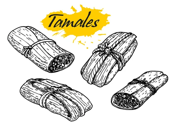 Tamales de comida mexicana tradicional. Desenho à mão ilustração vetorial estilo esboço. Melhor para projetos de menu de restaurante, folhetos e banners. Banner de cozinha mexicana vintage — Vetor de Stock