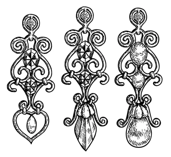 Pendientes largos de varias formas con piedras preciosas. Bijouterie joyería en blanco y negro. Pendientes sobre fondo blanco. Doodle. Esbozo — Archivo Imágenes Vectoriales