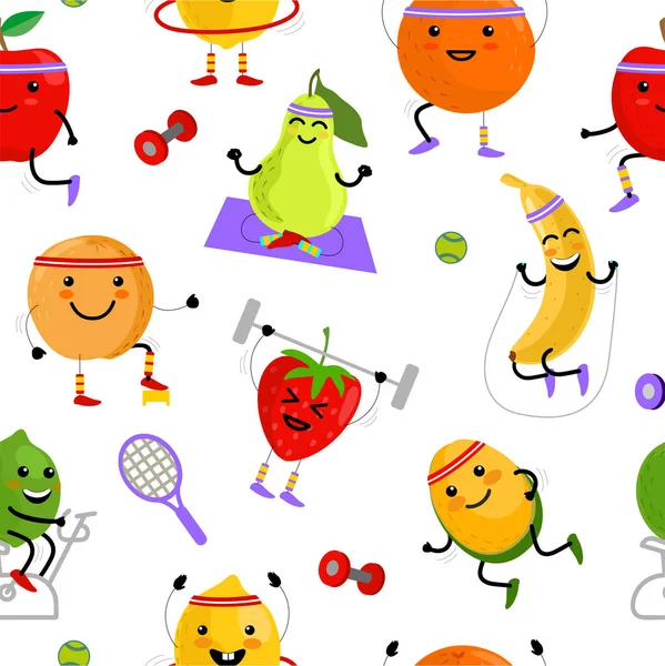 Ovoce sportovec bezproblémový vzor. Sportovní ovocné postavy. Zdravé jídlo. Letní bezešvé vektorové vzor pozadí ilustrace s čerstvým ovocem. Roztomilé ovocné postavy. Vtipné ovoce pro děti. — Stockový vektor