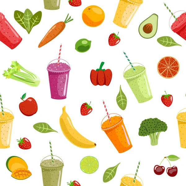 Smoothies and fruits seamless pattern. Cute summer seamless vector pattern background illustration with smoothies and fresh fruits — Stock Vector