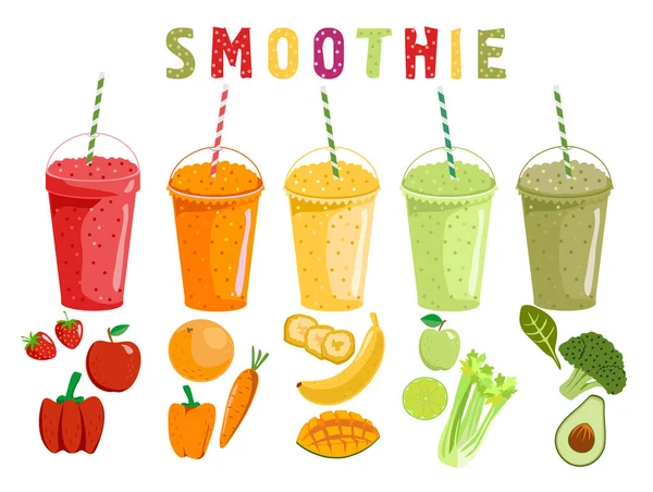 Smoothie fruits and vegetables. Cartoon smoothies in a flat style. Orange, strawberry, berry, banana and avocado smoothie. Organic fruit and vegetables shake. Vector illustration. — Stock Vector