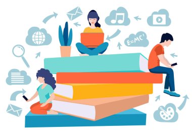 Online eğitim. Modern vektör illüstrasyon kavramları. İnternet sitesi ve mobil web sitesi için çevrimiçi eğitim. Bilgisayardan, akıllı telefondan bilgi alan küçük insanların eğitim konsepti. Vektör