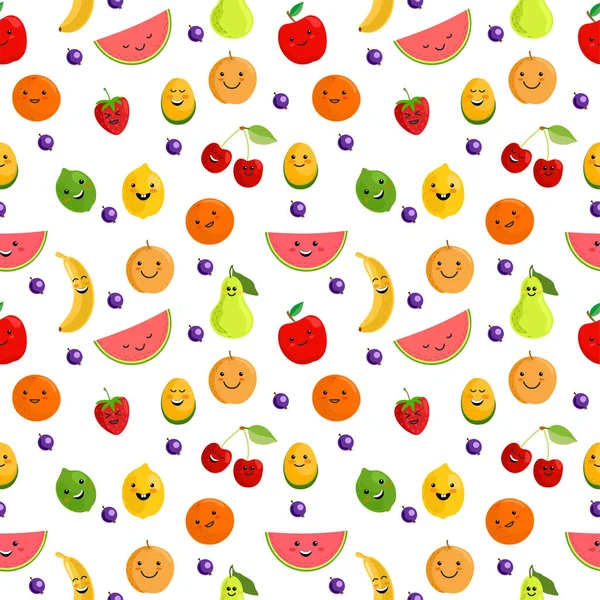 Fruits seamless pattern. Cute summer seamless vector pattern background illustration with fresh fruits. Cute fruit characters. Funny Fruits for kids isolated on white background. — Stock Vector