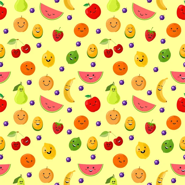Fruits sportsman seamless pattern. Cute Sport fruits characters. Healthy eating. Summer seamless vector pattern background illustration with fresh fruits. Funny Fruits for kids on a bright background. — Stock Vector