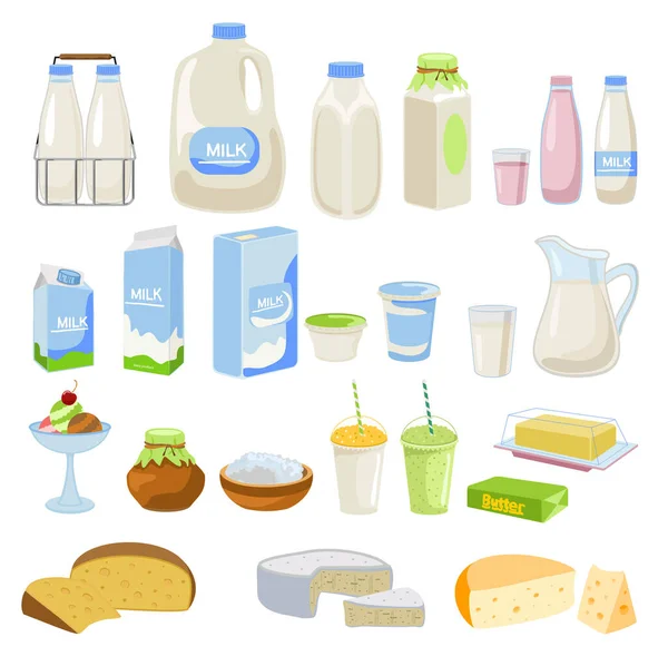Productos lácteos, leche, mantequilla, queso, yogur, requesón, crema agria, helado, crema, aislado en blanco.. Queso y leche, comida saludable. Ilustración vectorial — Vector de stock