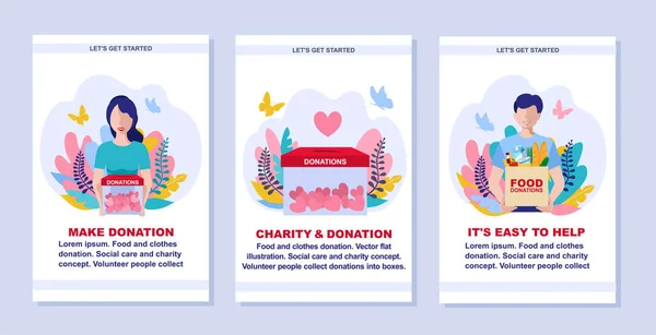 Donatie en vrijwilligers werken concept illustratie set. Voor banner, mobiele app, landingspagina. Doneren, geld en liefde geven. Moderne vector illustratie, platte stijl ontwerp. — Stockvector