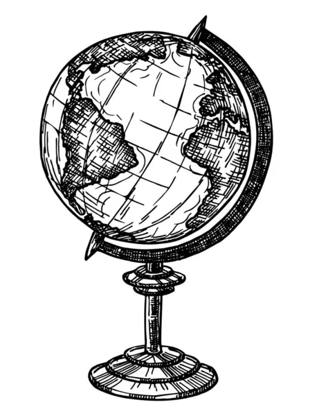 Skiss skolans glob. Modell för jord.Handritad Geografi ikon. Svart och vit vektor illustration i skiss stil isolerad. — Stock vektor