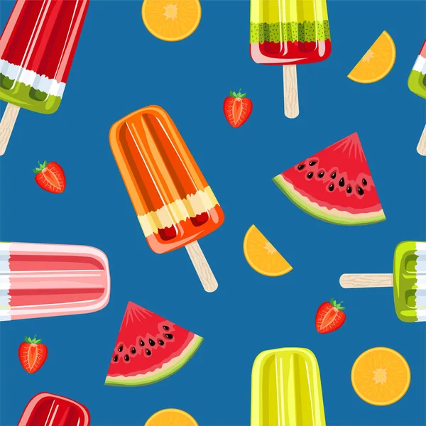 Ice cream, fruit ice seamless pattern. Colorful summer seamless pattern with tropical fruits and ice cream. Wrapping paper, fabric, wallpaper, background design. — Stock Vector