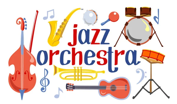 Instrumentos musicais vetoriais ou orquestra de jazz. Contrabaixo, saxofone, bateria, guitarra acústica, trompete de jazz e maracas, - instrumentos para banda de jazz . — Vetor de Stock