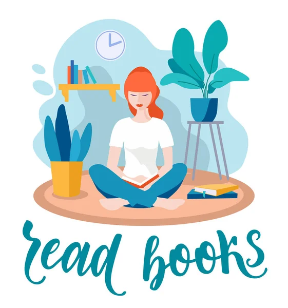 Girl read book. Home activities letterings and other elements. Girl reading a book in greenhouse or home garden with plants growing in pots. Things to do at home. Vector illustration. — Stock Vector