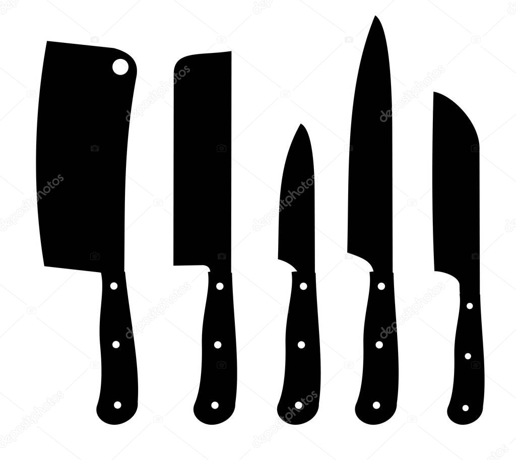 Vector Icons of kitchen knives set. Set of butcher meat knives for butcher shop and design butcher themes.