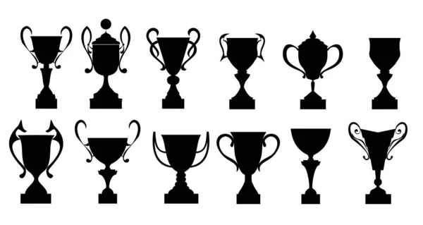Ödül kabı siluetleri. Galibiyet ödülü ikonu seti, şampiyon kupası ödül ödülleri grafiği. Spor Kupaları. — Stok Vektör
