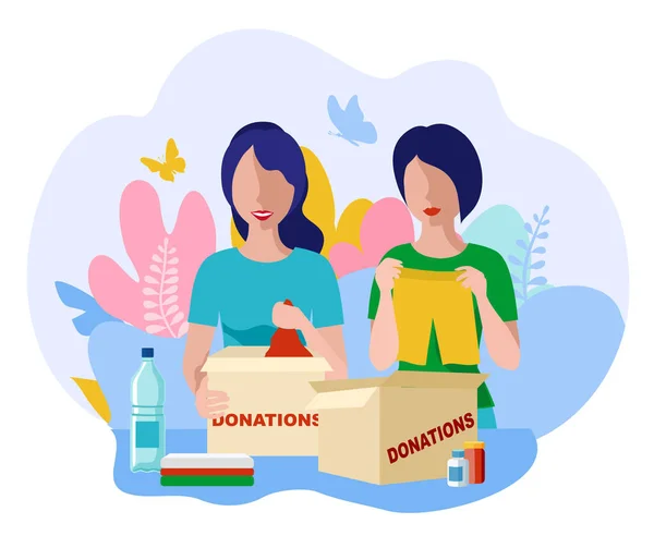 Food and clothes donation. Social care and charity concept. Volunteer people young women collect donations into boxes. Vector flat illustration. — Stock Vector