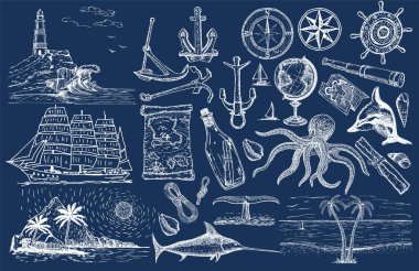 Denizci el çizimi vektör seti. Yelkenli çizimi. Vektör deniz nesneleri. El çizimi izole yelken özellikleri pusula, yelkenli gemisi, şişedeki mesaj, deniz feneri, palmiye ağaçları, sahil, dürbün.