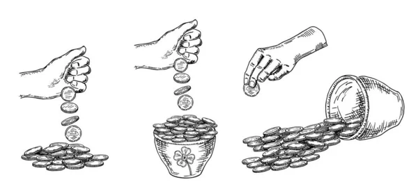Οικονομικά, πολλά λεφτά. Σωρός από κέρματα, χρήματα σε ένα χέρι κατσαρόλα ζωγραφισμένα σκίτσο συλλογή, σε λευκό φόντο. Ασπρόμαυρη διανυσματική απεικόνιση. — Διανυσματικό Αρχείο