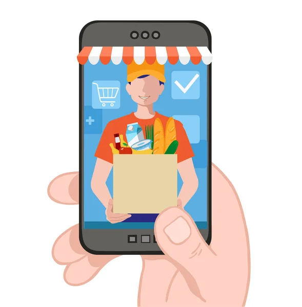 Man leveren online met kruideniersbestelling via smartphone. Kleurrijke vector illustratie concept voor online bestellen van voedsel. Leveringsconcept. Winkelen op sociale netwerken via platte telefoon. — Stockvector