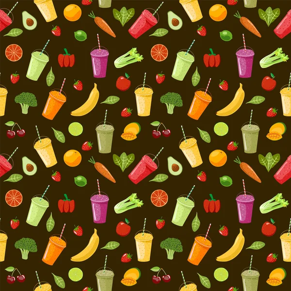 Seamless pattern with delicious vegan drinks, tasty juices or smoothies made of berries, fruits and vegetables on dark background. Vector illustration for wrapping paper, fabric print, wallpaper. — Stock Vector