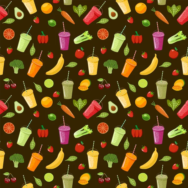 Seamless pattern with delicious vegan drinks, tasty juices or smoothies made of berries, fruits and vegetables on dark background. Vector illustration for wrapping paper, fabric print, wallpaper.