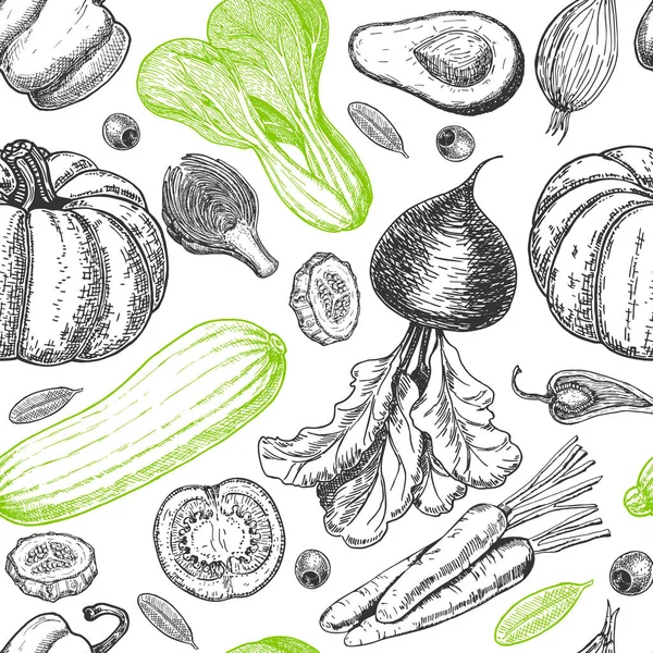 Patrón sin costura con boceto de verduras. Fondo de verduras. Comida saludable. Verduras sobre fondo blanco. Ilustración vectorial — Vector de stock