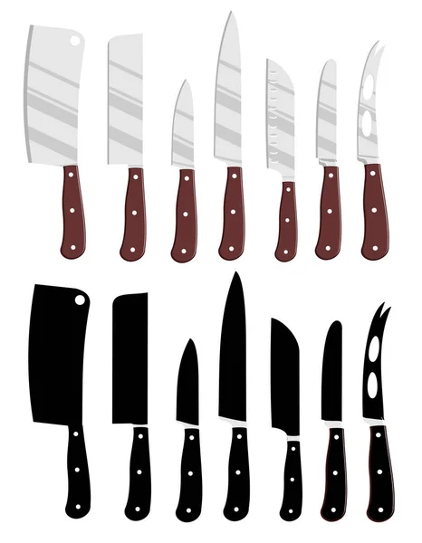 Cartoon kitchen knives and Kitchen knives black silhouettes. Isolated chef cook drawing knife set, butcher knives tools vector illustration isolated on white background. Restaurant knives for work — Stock Vector