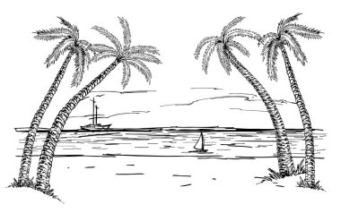 Deniz manzarası ve palmiye ağaçları. Summer Beach Hand çizimi. Yaz tatili, tatil, seyahat konsepti.