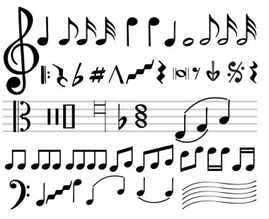 Müzik notaları. Müzik notaları simgeleri. Müzikal notalar, soyut müzik melodisi işaretleri beyaz arkaplanda izole edilmiş