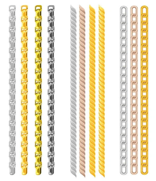 白に隔離された異なる金属で作られた鎖のセット。ゴールドとシルバーのチェーン要素、ホワイトの背景に隔離されたネックレスやチェーンのためのベクトル黄金のジュエリー無限のオブジェクト。鎖の境界. — ストックベクタ