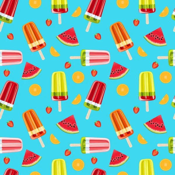 Ice cream and tropical fruits seamless pattern. Bright summer seamless pattern. Fruit ice and fruits vector illustration. — Stock Vector