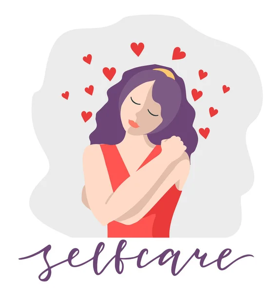 Women self care concept. Love yourself. Love your body concept. Take time for your self. Love concept of yourself body vector illustration. Happy woman hugging herself with enjoying emotions isolated. — Stock Vector