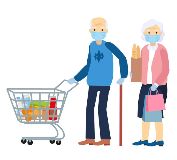 Yaşlı bir adam ve yaşlı bir kadın markette, maske takıyorlar. Koronavirüs salgını koşulları altında koruyucu önlemler. Maskeli büyükanne ve büyükbaba düz çizgi film karakteri izole. — Stok Vektör